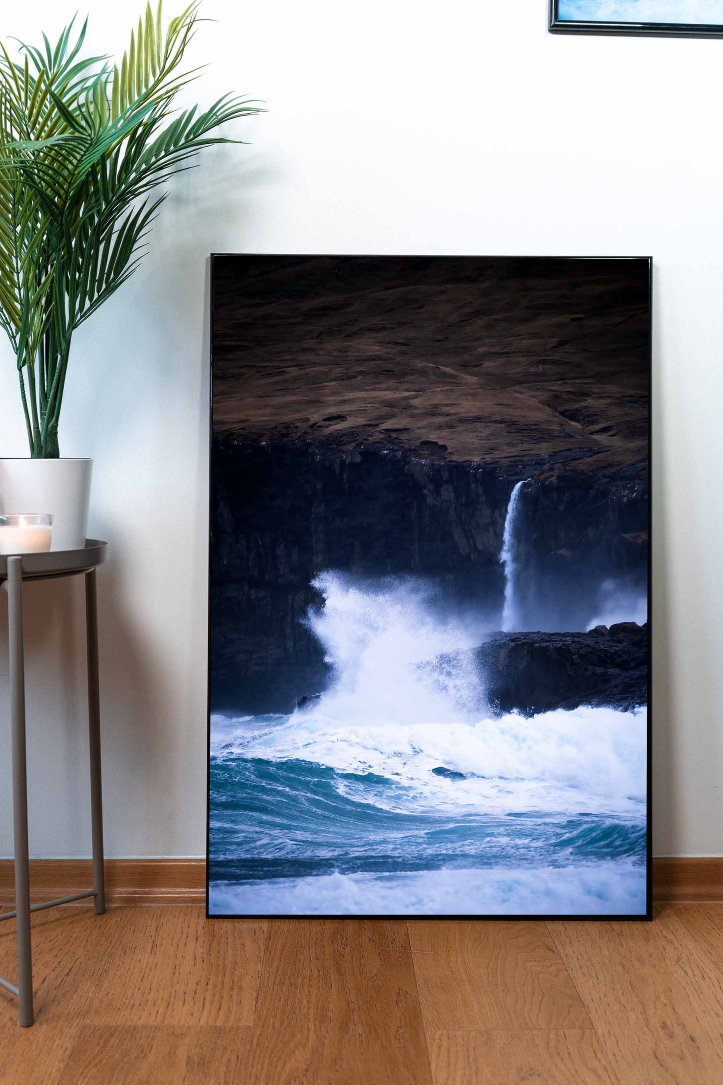 Waterfall by the stormy sea - Framed poster on matte paper